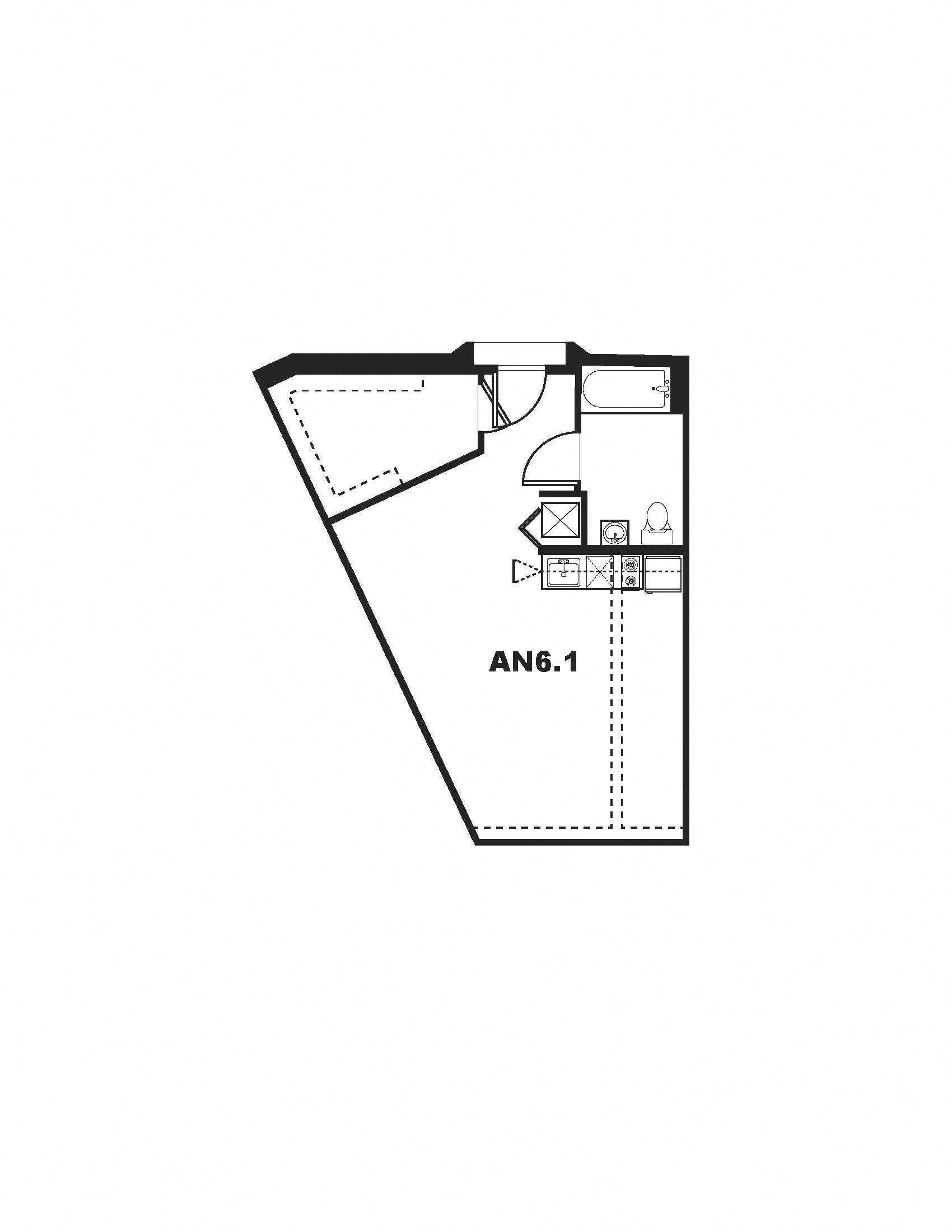 Floor plan for studio, 1 bath, 527 sqft